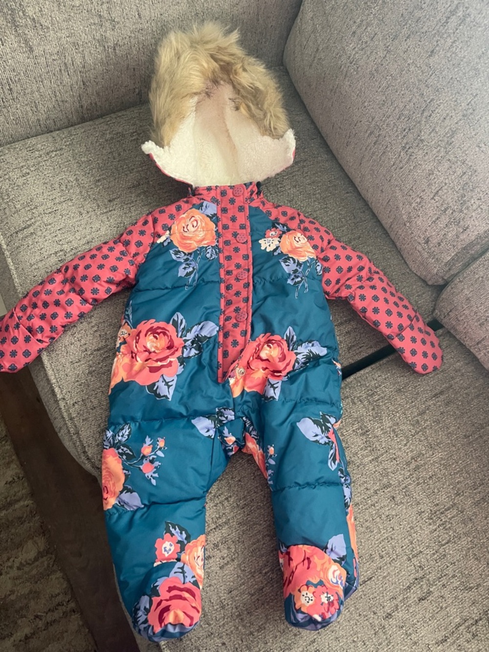 Matilda Jane Teal Floral Puffer Footed Snowsuit with Coral Pink Sleeves
